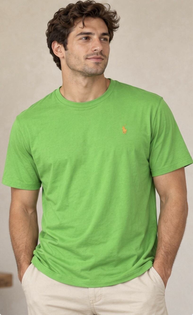 Polo Ralph Lauren T-Shirt Men’s Large Green Orange Pony Logo Crew Neck